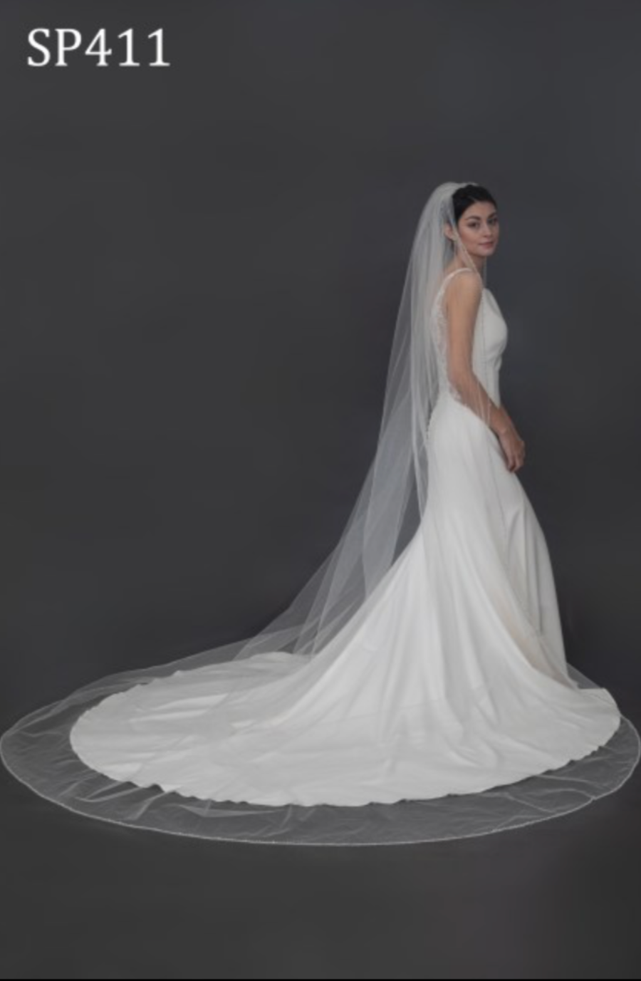 model is wearing a long bridal veil