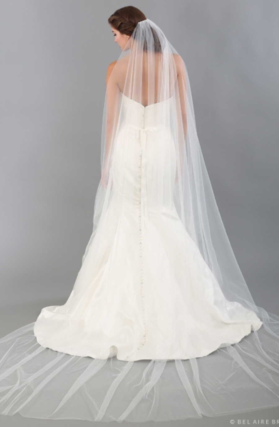 model is wearing a long bridal veil