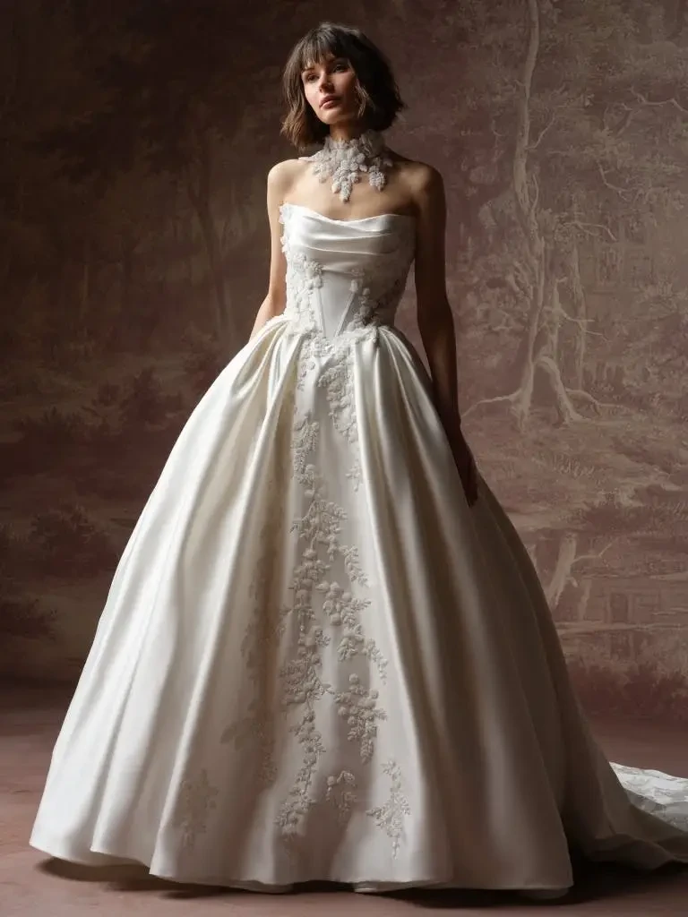 A model wearing an elegant white ball gown with intricate floral embroidery and a strapless neckline, posing in a softly lit, artistic background resembling a classic painting.