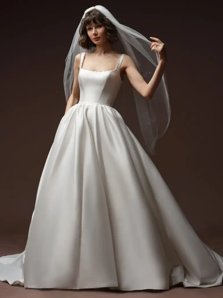 A model wearing a classic white wedding dress with a fitted bodice and a full skirt, paired with a long veil.